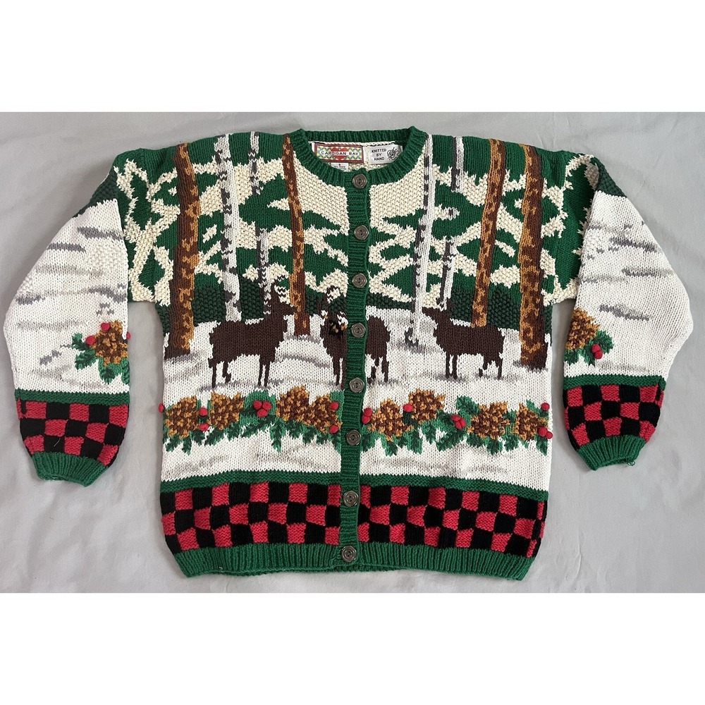Vintage Holiday Sweater Cardigan Bay Moose In The Snow Hand Knit Rare Cardigan S